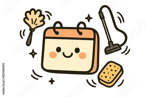 Joyful Cleaning Calendar. Cute doodle vector of happy calendar with cleaning icons like duster, vacuum, and sponge rotating in