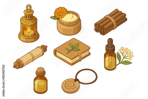 Traditional Medicine Artifacts. Isometric vector illustration set of Traditional medicine: temple healing lamp, calendula cream