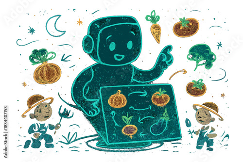 Cosmic Garden Planning. Playful farming AI hologram helping tiny gardeners plan interseasonal rotations of glowing fruits and
