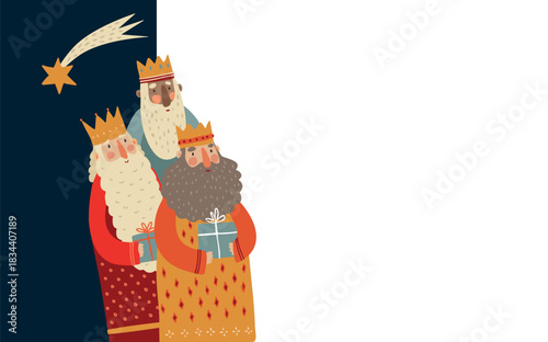 Three Wise Men Christmas with gifts. Falling Star of Bethlehem. Epiphany Three Kings Day, Biblical nativity art for seasonal holiday gards. Religious festive graphics, vector illustration banner.
