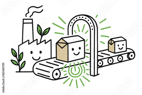 Eco Factory Doodle. Playful doodle vector of eco factory scene where smiling packages pass through glowing sensors confirming