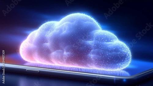A luminous digital cloud floats above a smartphone in a dark tech environment, shifting shape softly over five frames as glowing particles pulse around its edges in a futuristic concept scene