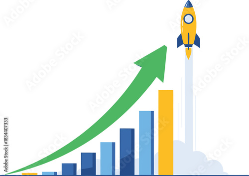 Rocket launch symbolizing rapid business growth and success, with an upward trending graph.