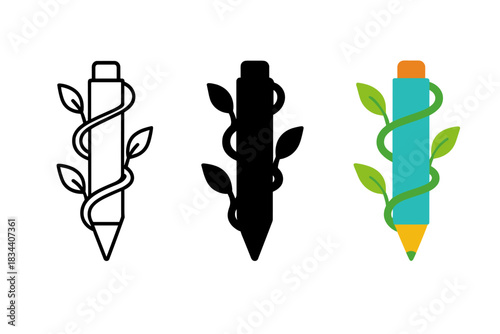 Spiral Vine Pen Motif. Abstract spiral vine motif wrapping around pen symbolizing recorded plant behavior, first in line style