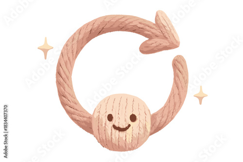 Sparkling Yarn Arrow. A smiling circular yarn arrow with tiny sparkles, soft rounded friendly shapes, pastel beige and pink