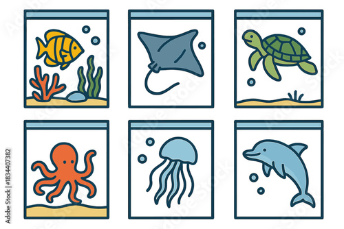 Sea Life Icons. Line style icons of sea life seen from rooms: colorful reef fish, gliding stingray, sea turtle swim, octopus