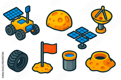 Lunar Rover Exploration Icons. Isometric vector illustration set Space exploration – lunar rover, moon surface, crater rim; solar