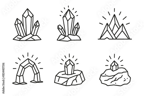 Crystalline Rock Vectors. Line vector icons of crystalline rock projections: faceted ridge outlines, gem-tipped protrusions,