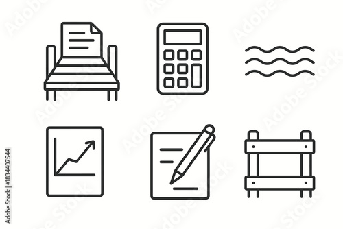 Waterfront Calculation Icons. Line style icons of an airborne pivot as the central node: central orb hovering between linear beams
