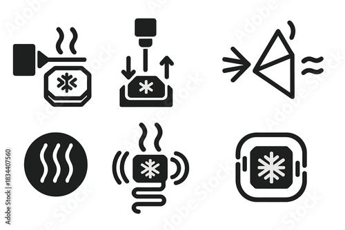 Thermal Control Icons. Solid style icons of thermal control in crystal chips: cooling beam paths, laser heat sinks, prism vents.