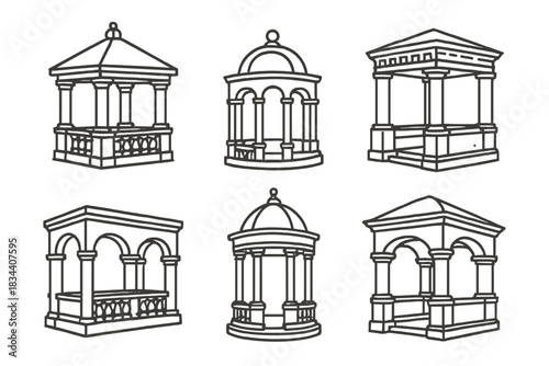 Stone Pavilion Icons. Icons for: stone summerhouse characters, sculpted pavilion outlines, chiseled leisure shelter icons,