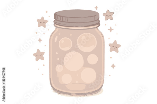Dream Bubble Jar. a jar filled with captured dream bubbles glowing softly, surrounded by tiny sleepy stars, blush and pale gray