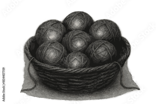 Glowing Shadow Yarn Balls. a basket of shadow yarn balls glowing faintly at their core, ready for weaving illusions, graphite and