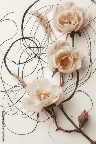 Elegant floral arrangement featuring delicate roses, ornamental grass, and abstract lines on white.