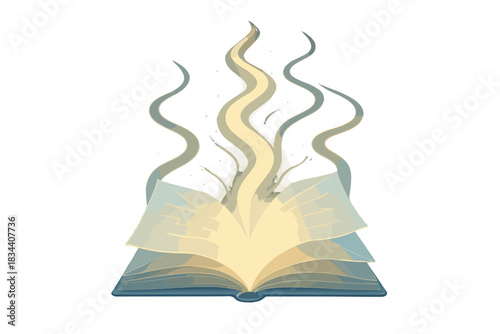 Glowing Pathway Guidebook. a glowing guidebook unfolding future pathways from folded sheets of light, pale blue and gold palette,