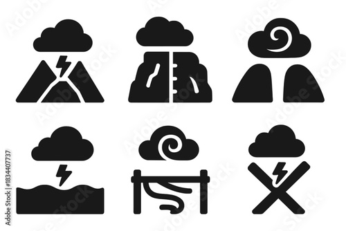 Storm-Themed Wonder Hubs. Solid style icons of storm-themed wonder hubs: tempest ridge, gale partition, whirlwind boundary,