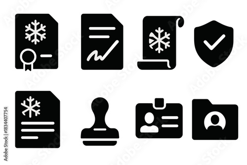 Cryonics Legal Icons. Solid style icons of legal and consent elements: cryo-contract file, signed form icon, preservation