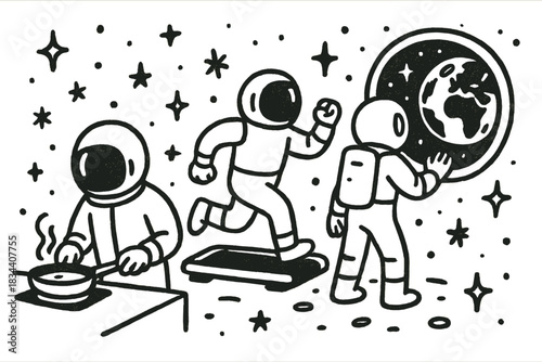 Lunar Colony Life. Charming doodle art of lunar colony life — astronauts cooking, exercising, and observing Earth through a window
