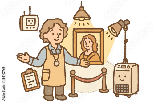 Museum Staff Doodle. Delightful doodle of friendly museum staff and equipment ensuring artworks stay safe under cozy, conservation