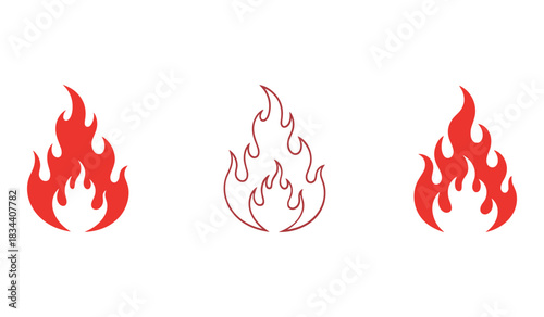 Red Flame Icons and Outline Drawing on White Background Keywords: flame, fire, red, outline, drawing, heat, energy, power, symbol, icon, illustration, vector, isolated, white background, graphic