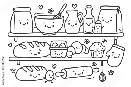 Friendly Bakery Doodles. Charming doodle art of cute bakery shelves filled with smiling ingredients and tools working together to
