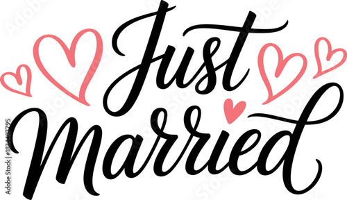 just Married Calligraphy Lettering with Pink Hearts Decoration