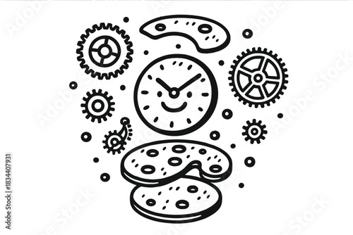 Smiling Watch Mechanism. Doodle-style vector art showing exploded diagram of smiling watch mechanism—wheels, plates, and