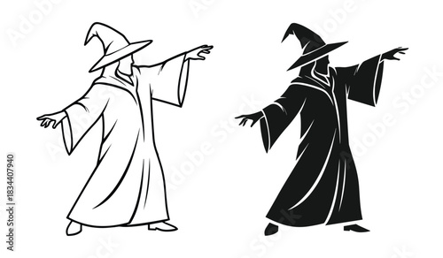 Wizard Silhouette and Outline Drawing in Action Poses Keywords: wizard, magic, sorcerer, magician, fantasy, silhouette, outline, drawing, hat, robe, cloak, staff, spell, casting, gesture, hand