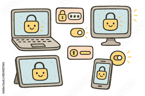 Friendly Device Doodles. Whimsical doodle of cute devices with friendly padlocks and glowing privacy settings panels floating
