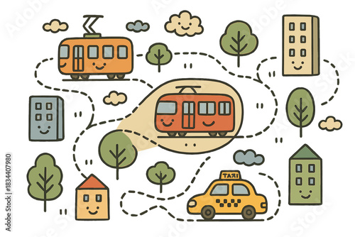 Whimsical City Transit. Delightful doodle of a connected city map where trams, metros, and taxis dance along smiling paths under