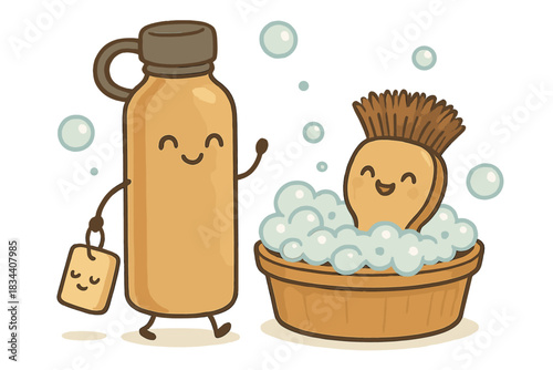 Travel Bottle's Spa Day. Delightful doodle of a travel bottle returning home to a bubbly spa day with happy bristles and eco soap