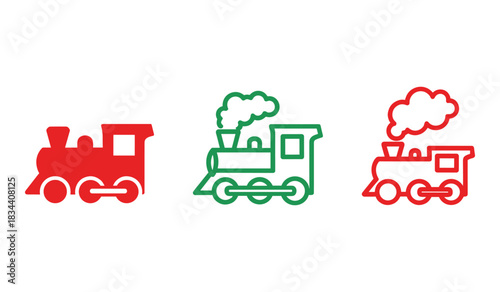 Three stylized trains in red and green on a white background Keywords: train, locomotive, steam engine, transportation, vehicle, travel, journey, red, green, outline, silhouette, simple, graphic