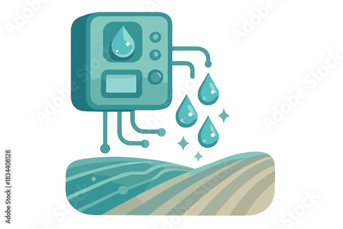 Automated Irrigation Control Panel. an automated irrigation control panel releasing sparkling droplets along digital field lines,