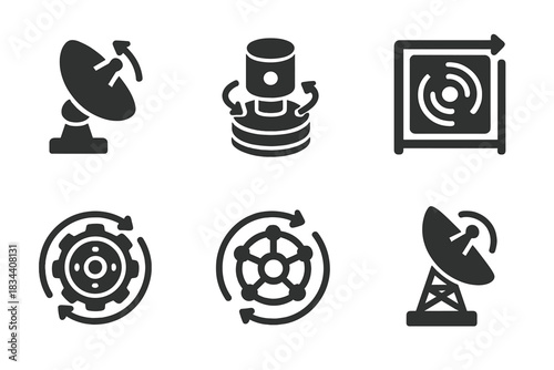 Technological Motion Icons. Solid style icons of technological motion: rotating antenna disc, mechanical base ring, revolving