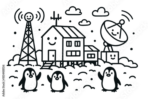 Cheerful Antarctic Base. Doodle-style vector illustration of cheerful Antarctic research base with smiling antennas, satellite