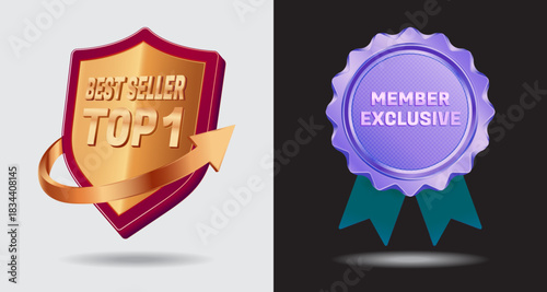 3D Realistic Bestseller Shield and Exclusive Member Medal Badges Set