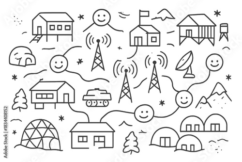 Snowy Base Network Doodle. Doodle-style vector composition of snowy research base network map with friendly signal lines and