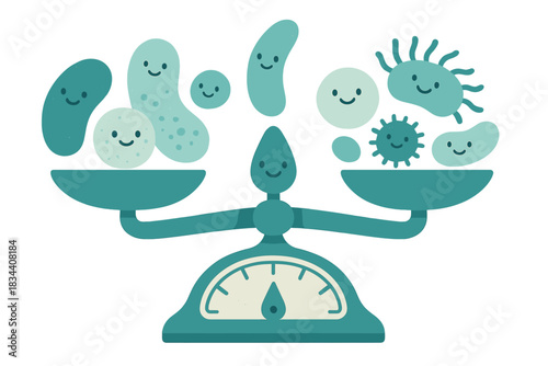 Smiling Bacteria on Scale. a cheerful microbiome tracker with tiny smiling bacteria balancing on a wellness scale, teal and ivory