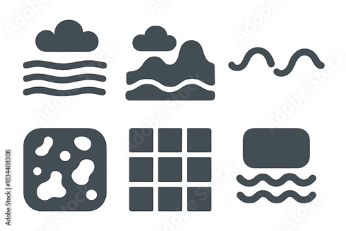 Atmospheric Unity Icons. Solid style icons of atmospheric unity: misty motion field, foggy rhythm wave, diffuse oscillation line,