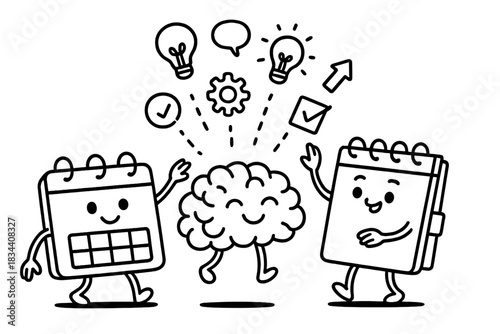 Calendar and Brain Teamwork. Doodle-style vector illustration of calendar and planner characters teaming up to organize floating