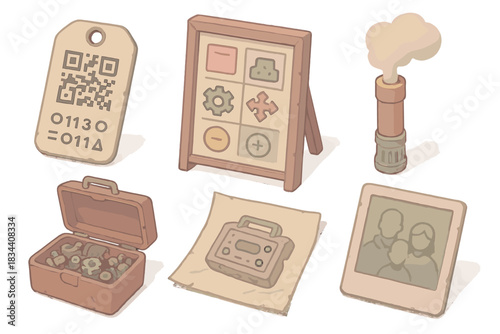 Post-Apocalyptic Relic Icons. Isometric vector illustration set Post-apocalyptic relic identification and trading: coded artifact