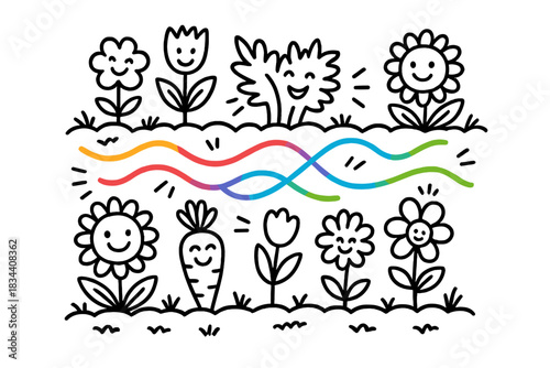 Smiling Plant Connection. Doodle-style vector illustration of smiling plants communicating through vibrant energy ribbons linking