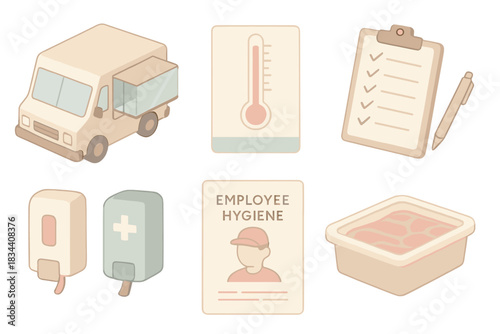 Food Truck Inspection Setup. Isometric vector illustration set Food truck health inspection preparation: sneeze guard installed on