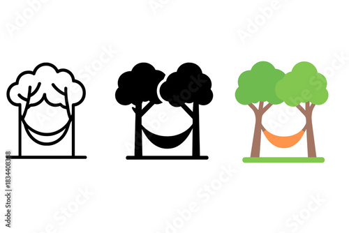 Hammock Icon Trio. Line style icons of chemical veil vessel: misted sail, radiant hull, vapor trail, molecular shield, glowing