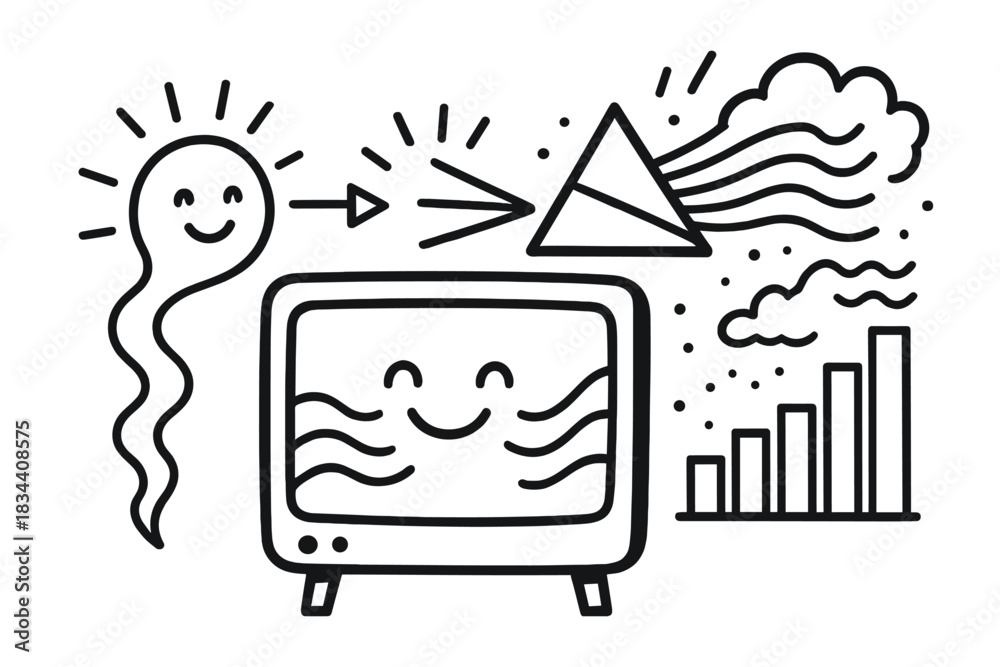 Naklejka premium Colorful Spectrograph Waves. Doodle-style vector illustration of spectrograph displaying cheerful light waves breaking into colors