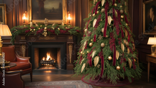 Luxurious living room decorated for christmas with a large tree and fireplace