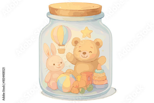 Playful Toy Jar. A friendly "preserved childhood" specimen jar with joyful toys inside, soft magical pastel tones, No text, No