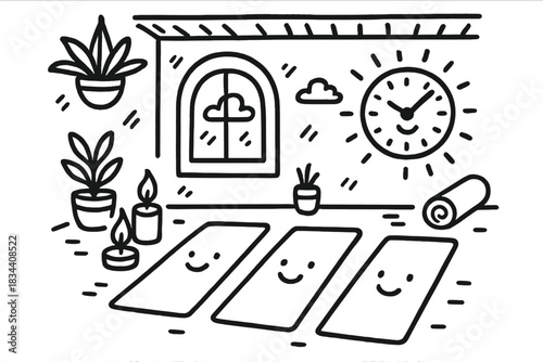 Cozy Yoga Studio. Doodle-style vector art of cozy yoga studio interior with happy mats, candles, and a cheerful clock managing