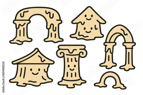 Playful Architectural Doodles. Adorable doodle vector of architectural elements—arches, pillars, roofs—melting and reforming