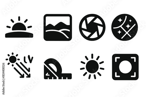 Sky Data Icons. Solid style icons of visual sky data capture: sunrise curve glyph, horizon scan icon, lens badge. Camera ring, sky